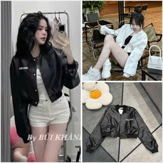 Áo Khoác Da Nam Nữ Miu Miu Logo Thêu Form Croptop Cá Tính