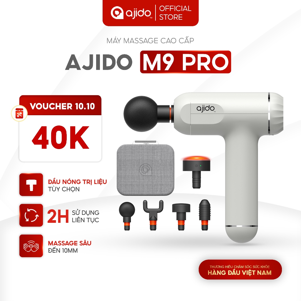 Máy Massage Cầm Tay AJIDO AJ - M9, 32 Cấp Độ, 4 Đầu Thay Thế - Mát Xa Toàn Thân Giãn Cơ, Đấm Lưng, Cổ Vai Gáy