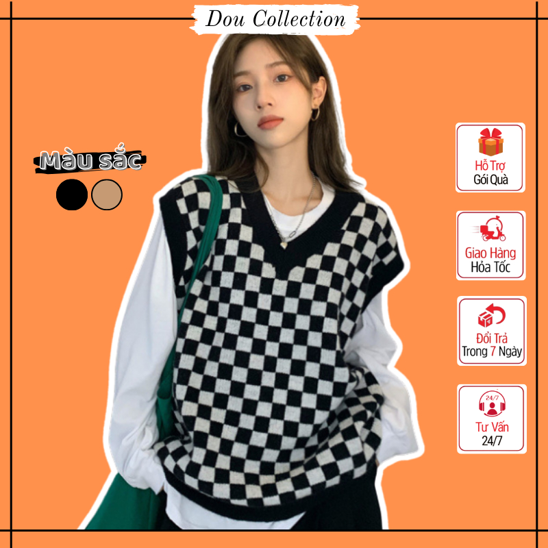 [Nowship2h] Áo gile Unisex họa tiết ô vuông vintage áo len không tay dáng xuông cá tính thời trang thu đông - mã TA020