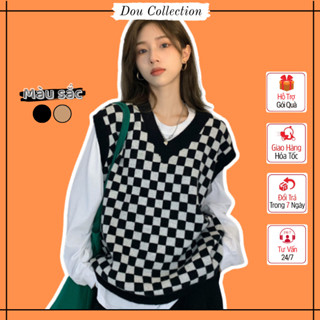 [Nowship2h] Áo gile Unisex họa tiết ô vuông vintage áo len không tay dáng xuông cá tính thời trang thu đông - mã TA020