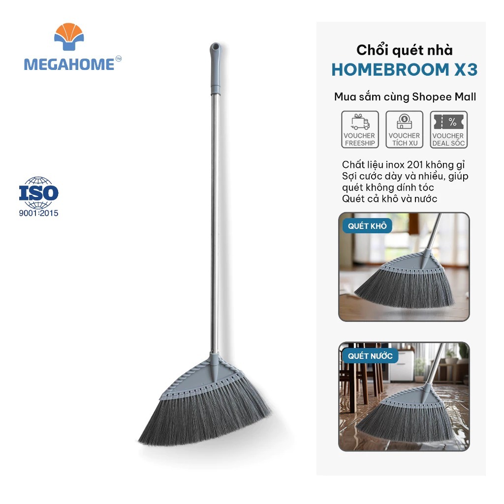 Chổi Quét Nhà HomeBroom X3 MEGAHOME, Thân Chổi Inox, Sợi Cước Mềm Mại Không Dính Tóc