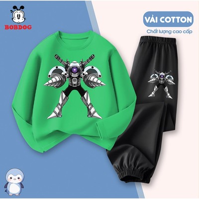 Bộ dài tay cho bé trai BOBDOG, quần áo trẻ em vải cotton co giãn in hình TV MAN, máy khoan -TW-KS17