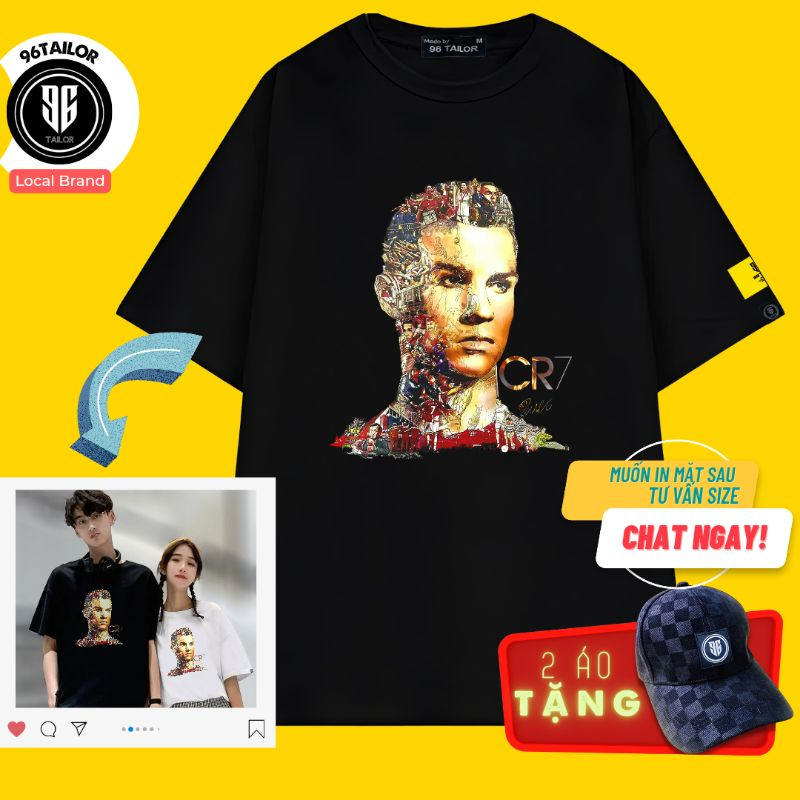 Áo Thun Unisex hoạ tiết RONALDO CR7 kèm chữ ký Đen Trắng Cotton 4 chiều mát dày có size 96Tailor Loc