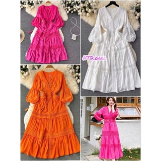Hàng nhập - Đầm dáng xòe maxi xô lụa thêu hoa, váy dự tiệc Quảng Châu cổ V tay búp