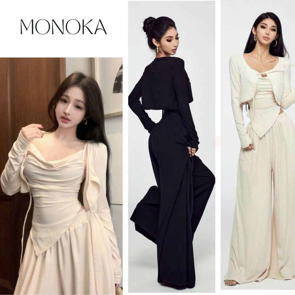Set đồ nữ 3 món Áo khoác cardigan mỏng+ áo 2 dây vạt lệch nhọn ôm body + quần dài ống rộng lưng cao dáng suông T592G