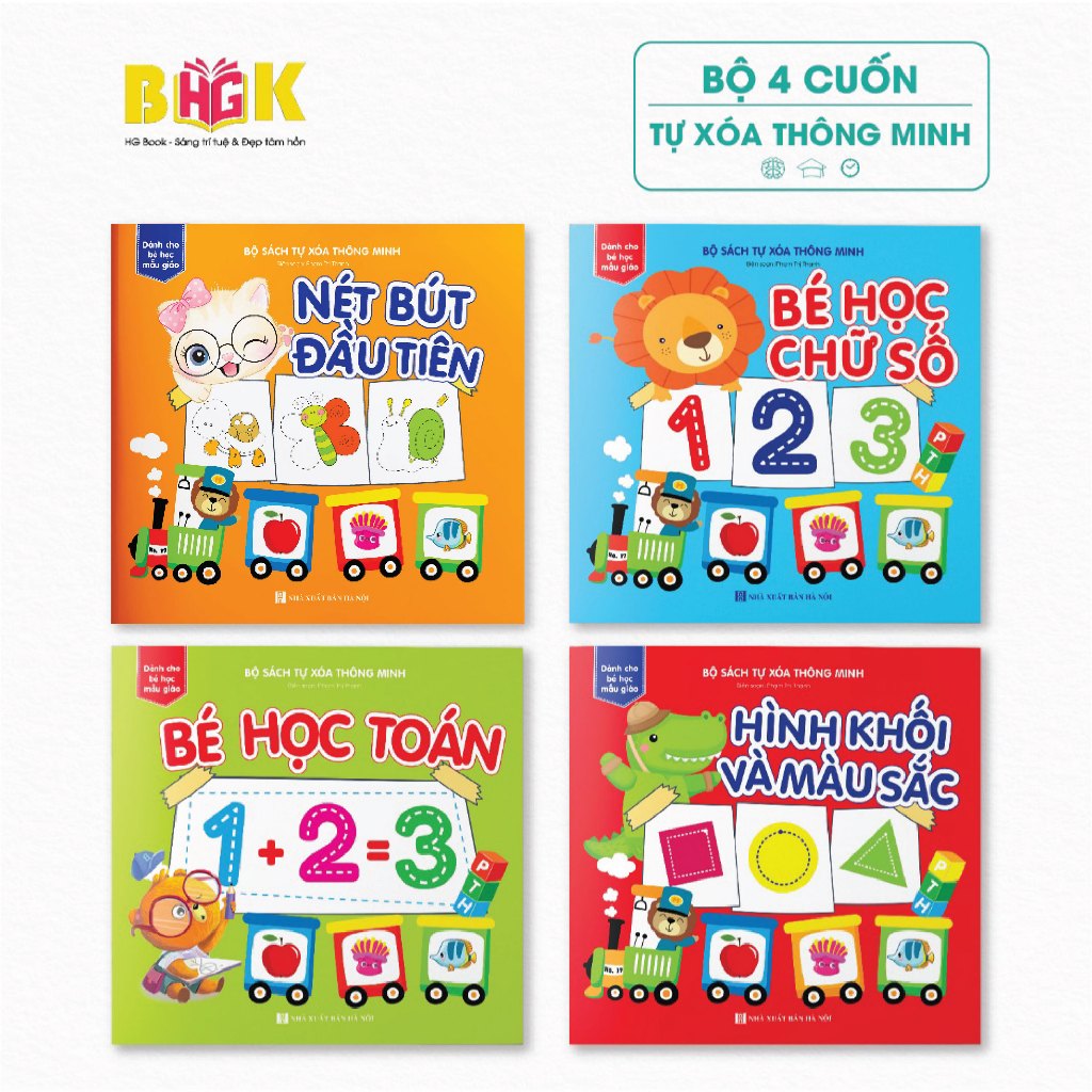 Sách - Tự Xóa Thông Minh - Bộ 4 Cuốn/Bé Học Chữ Số, Chữ Cái, Nét Bút Đầu Tiên, Hình Khối Và Màu Sắc (Tặng Kèm Bút)
