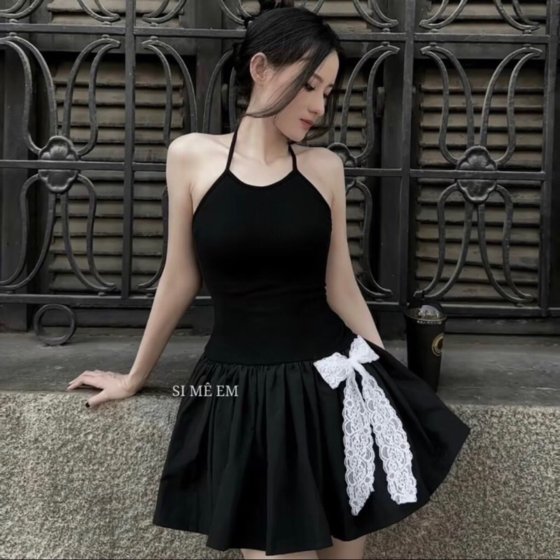 Đầm cổ yếm phối nơ ren ôm body