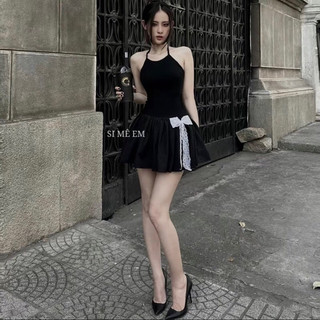 Đầm cổ yếm phối nơ ren ôm body