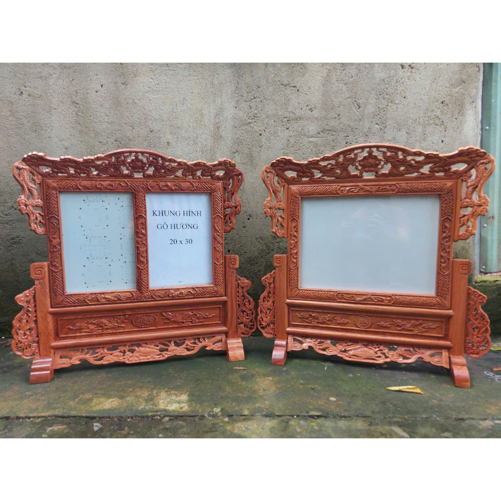 Khung ảnh thờ đôi trạm gấm gỗ hương 2 ảnh thờ 20x30 cm cao cấp