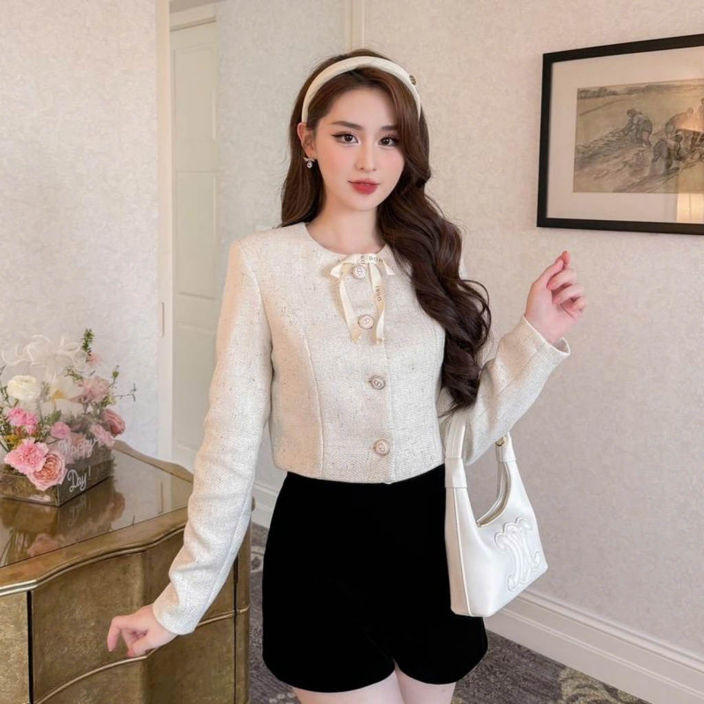 EMLYvn - Áo Khoác Dạ Tweed Nữ Cao Cấp 4 Cúc, Áo Dạ 2 Lớp Dáng Ngắn Áo Dạ Croptop Tay Dài Dành Cho Nữ (TẶNG KÈM NƠ )