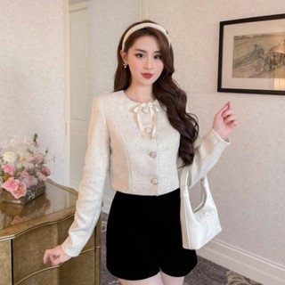 EMLYvn - Áo Khoác Dạ Tweed Nữ Cao Cấp 4 Cúc, Áo Dạ 2 Lớp Dáng Ngắn Áo Dạ Croptop Tay Dài Dành Cho Nữ (TẶNG KÈM NƠ )
