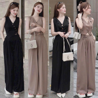 Set áo gile cổ V cài nút xéo quần dài ống rộng _ Đầm thiết kế nhiều form size M.L.XL.2XL