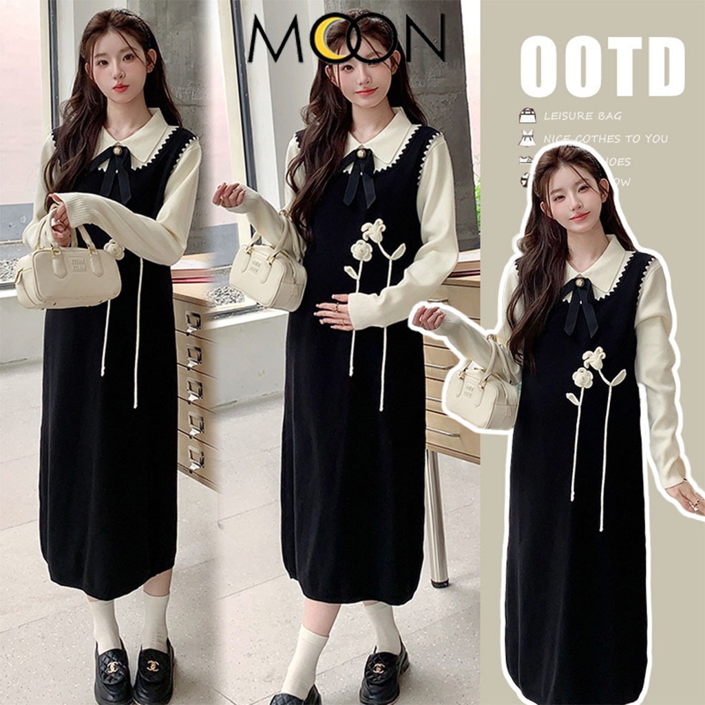 ĐẦM VÁY BẦU LEN HOA NỔI DÁNG SUÔNG BABYDOLL CỔ POLO MIX NƠ ĐIỆU ĐÀ X31 VÁY BẦU THU ĐÔNG DÀI TAY MẶC CÔNG SỞ DỰ TIỆC
