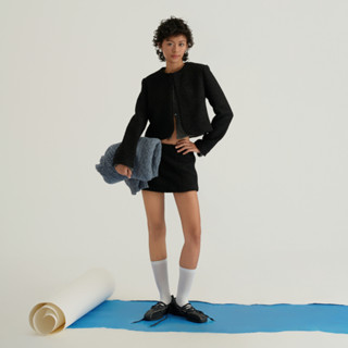 Set dạ nữ Lông Bông áo khoác dáng lửng phối chân váy màu đen - oula studios