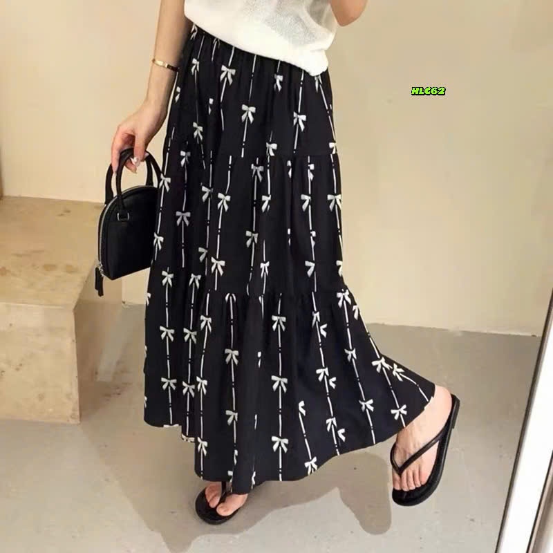 Chân váy lụa nơ dáng dài xoè Chất kante lụa HL