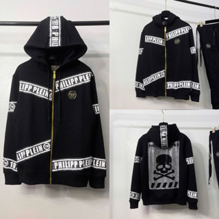 Áo khoác hoodie zip nam nữ Philipp Plein thêu logo sắt in sọc dải chữ chéo đính đá đầu lâu cho các boy phố đi chơi 2024