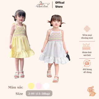 Váy thiết kế bé gái Annie's House- Đầm 2 dây thêu thổ cẩm màu trắng vàng cho bé 2 đến 9 tuổi 11-37kg