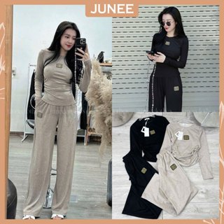 Set Bộ Đồ Nữ MIUMIU Áo Thun Dài Tay Nhún Eo Logo Thêu Nổi Ôm Body Mix Quần Dài Suông Dáng Freesize