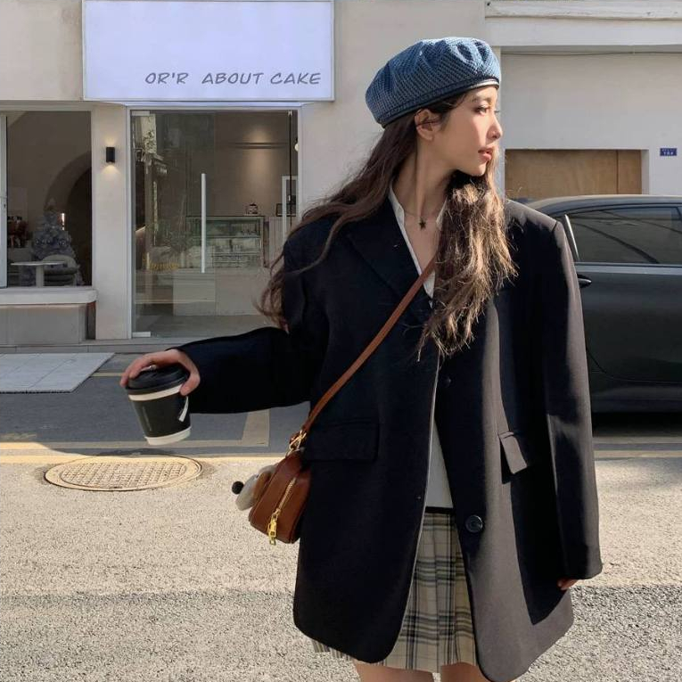 Áo Blazer Nữ Dáng Dài Áo Vest Nữ Blazer Form Rộng Dáng Dài Màu Đen Áo Blazer Kiểu Hàn Quốc Đi Làm Đi