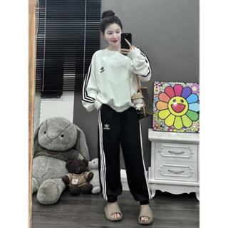 Bộ thu đông nữ, Bộ nỉ Adidas áo dài tay Phối quần ống rộng tôn dáng, năng động cho mùa thu đông này