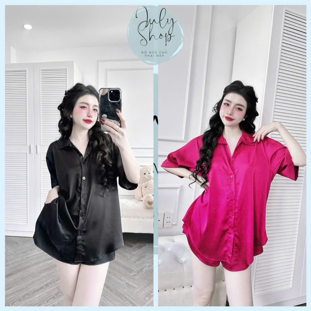 [<70kg] Đồ ngủ nữ, Đồ bộ Bigsize JULY Set bộ áo sơmi tay ngắn quần đùi giả váy có túi Chất lụa Latin