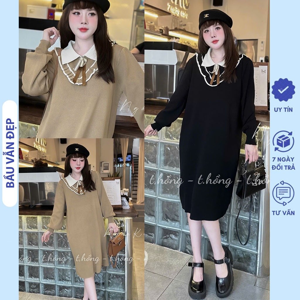 ĐẦM VÁY LEN LÔNG THỎ QUẢNG CHÂU CỔ SƠ MI ĐÍNH NƠ DÁNG SUÔNG FORM DỄ PHỐI ĐỒ X33 VÁY CÔNG SỞ THU ĐÔNG