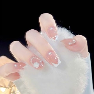 Nailbox đính đá, Móng tay giả ngắn vuông đính đá, đính hoa, Nail giả cô dâu, nail xinh dự tiệc DZ109