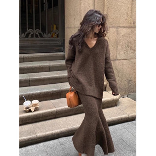  Đồ đông nữ sang chảnh áo len tay dài cổ V dáng rộng+ chân váy len chữ A dài Hàng QC Yame clothing #22 