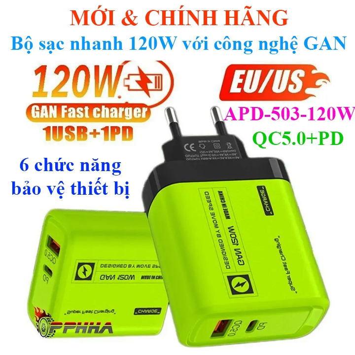 Bộ sạc siêu nhanh 120W QC5.0 + PD với công nghệ GAN 6 chức năng bảo vệ thiết bị APD-503-120W  6A