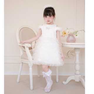 Elsa Dress - Váy công chúa bé gái màu trắng/be tay lỡ 6 tầng voan bồng bềnh Babine thiết kế