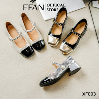  Giày nữ đế vuông mũi vuông  da thật  cao gót Mary Jane XF003 FFANSTORE da mềm mại 5 phân bít mũi màu đen trắng bạc 
