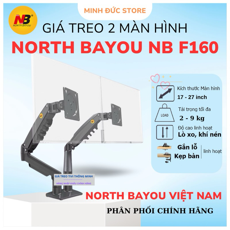 Giá Treo Hai Màn Hình NB F160 17'' - 27'' - Tay Arm Treo 2 Màn Hình Máy Tính  - Xoay 360 Độ