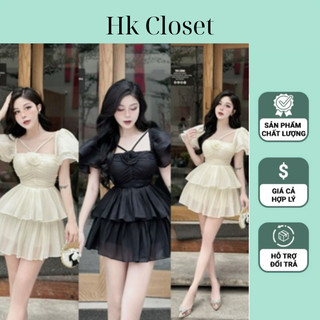 Váy bèo tầng vai bồng cổ vuông xinh hết nấc hk88