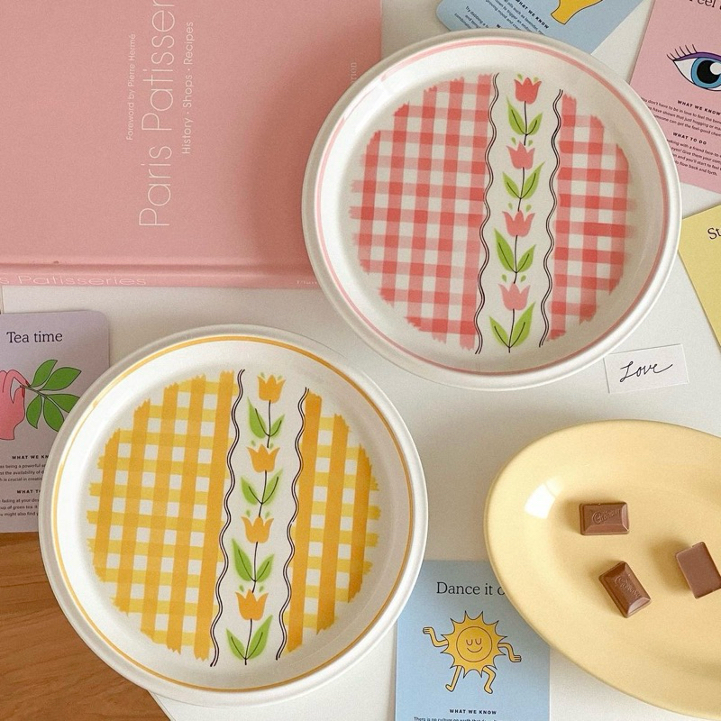 [Hồng/Xanh lá/Vàng] Đĩa Mikasa country gingham hoa tulip kẻ caro dễ thương pastel vintage gốm sứ Nhậ