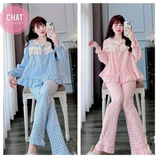 Bộ Pyjama kẻ dài viền ren siêu hot, chất kẻ xốp loại 1 mềm mát CHAT DD2345