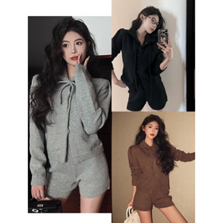 Set len nữ sang chảnh áo tay dài có cổ buộc nơ + quần sooc ngắn hàng quảng châu cao cấp Yame clothing