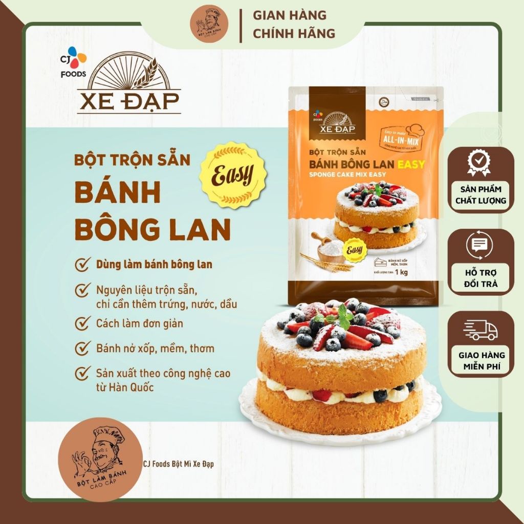 Bột làm Bánh Bông Lan trộn sẵn Xe Đạp loại 1 kg, bánh nở, xốp, mềm, thơm ngon, không chất bảo quản