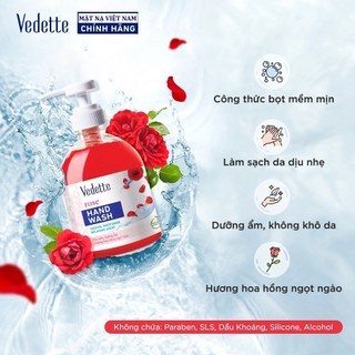 Nước rửa tay Vedette Hoa Hồng 500ml - Làm sạch da dịu nhẹ, Dưỡng ẩm, Không khô da & Hương hoa hồng