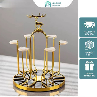 Khay inox úp cốc mạ vàng xoay 360 độ, Gía úp ly chén hình hươu sang trọng không hoen gỉ giữ cốc khô ráo