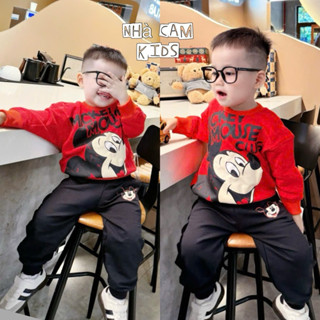 Bộ Nỉ Dài Tay Cho Bé , Bộ Mickey Mouse Đỏ Quần Đen Bo Gấu Cho Bé Chất Nỉ - Nhà Cam