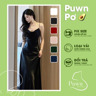  Váy lụa cổ đổ maxi vạt xẻ chéo dáng dài thanh lịch dự tiệc - Puwn Pơ 