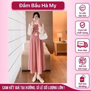 Váy bầu thu đông vạt chéo cổ 3 phân len tăm