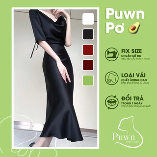 Váy lụa hai dáng cổ đổ trễ vai thanh lịch siêu tôn dáng dự tiệc - Puwn Pơ🥑