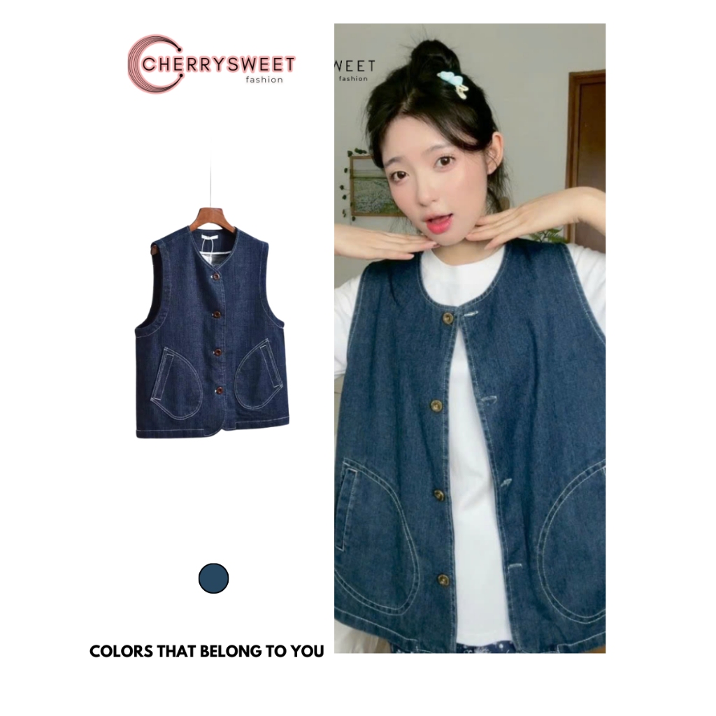 Áo gile jean CHERRY màu blue denim form rộng phong cách trẻ trung năng động T144