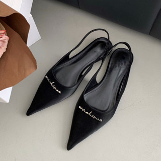 Sục nữ mũi nhọn đính chữ chất tuyết nhung Giày búp bê quai hậu Sandal bệt hàng cao cấp