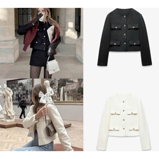 Áo khoác nữ dạ tweed dài tay 4 nắp túi cúc đồng sang chảnh hai màu đen trắng hai lớp hàng xịn xuất dư loại 1