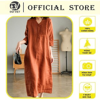 {Hàng sẵn} Đầm suông nữ cổ tim xếp ly chất linen mềm mát thời trang nữ phong cách Hàn Quốc da190