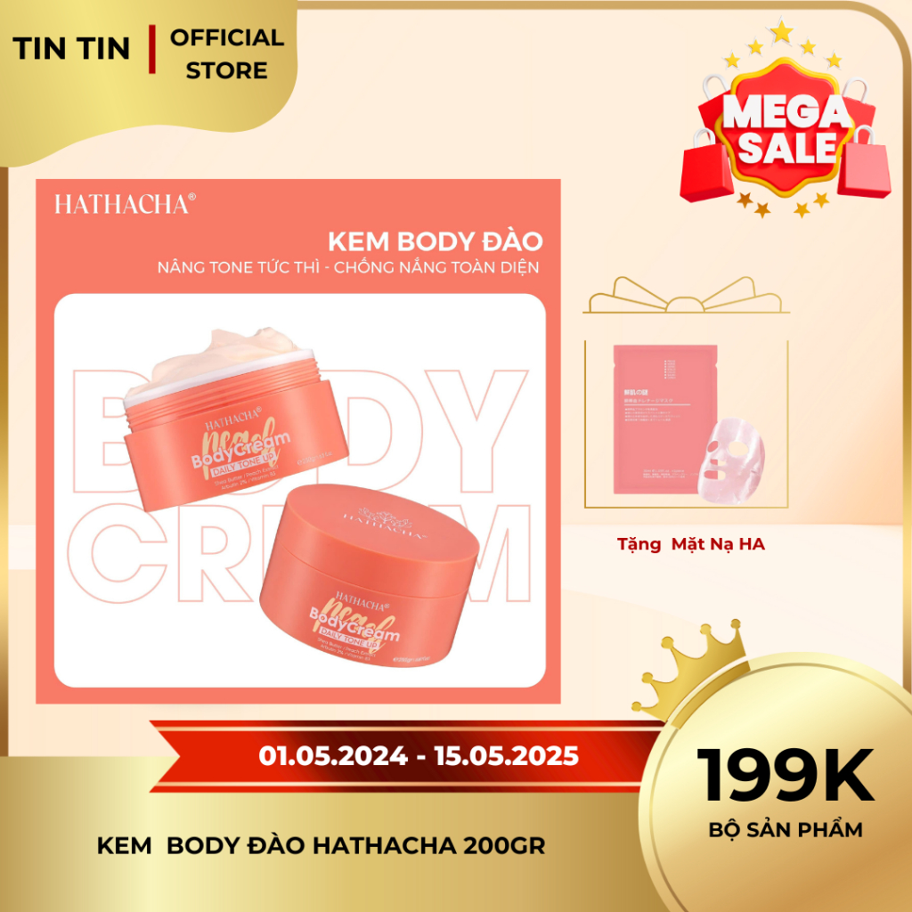 Kem body Đào , dưỡng thể, dưỡng trắng mịn da toàn thân HaThaCha kháng nước , chống nắng hộp 200gr