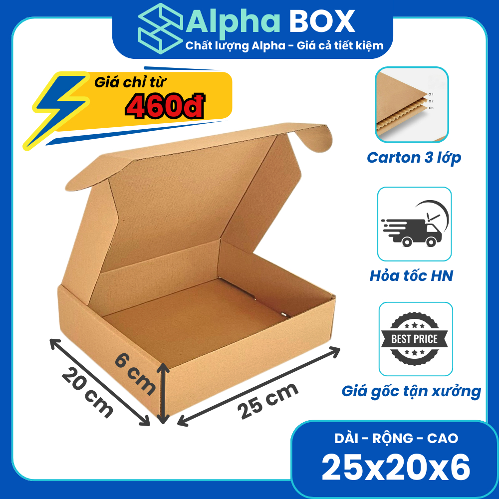 [Combo] 100 hộp carton nắp gài 25x20x6 đóng hàng, hộp nắp cài đựng quần áo, mỹ phẩm - ALPHA BOX