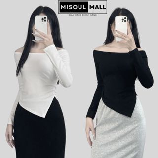 Áo Thun Dài Tay Cổ Thuyền Vạt Nhọn Nhún Eo BigSize MiSoul Mall , Áo Trễ Vai Dài Tay Thun Tăm 331